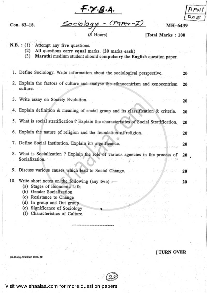 Foundation of Sociology 2017-2018 - B.A. - 1st Year (FYBA) - University of Mumbai question paper with PDF download