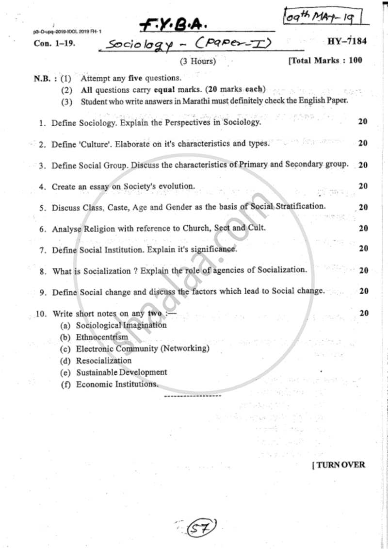 Foundation of Sociology 2018-2019 - B.A. - 1st Year (FYBA) - University of Mumbai question paper with PDF download
