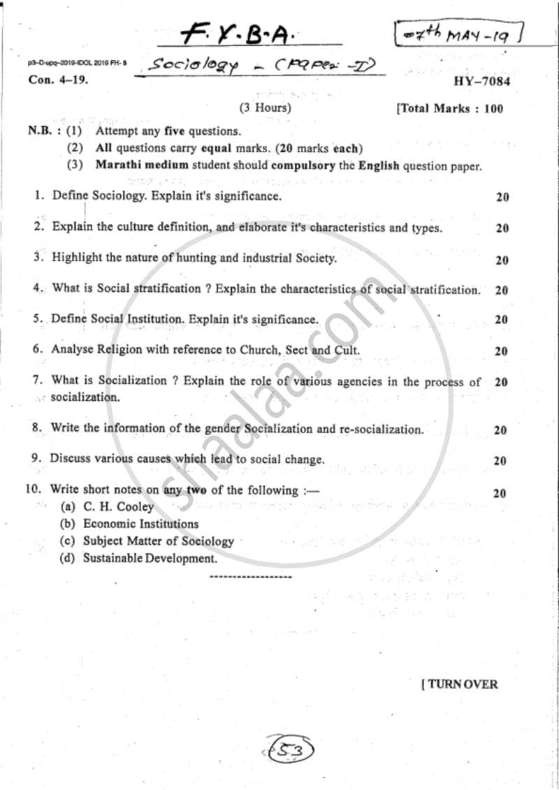 Foundation of Sociology 2018-2019 - B.A. - 1st Year (FYBA) - University of Mumbai question paper with PDF download