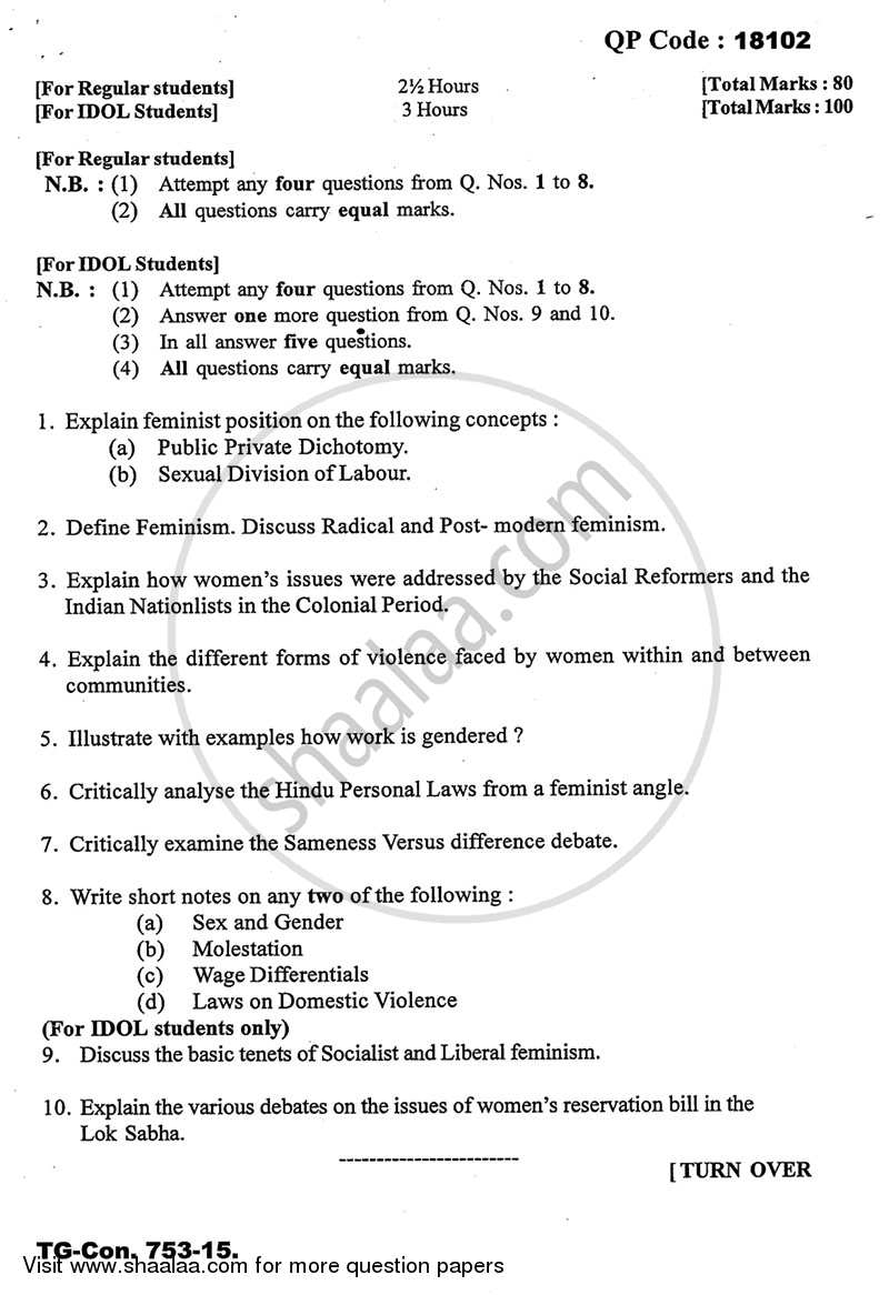 Gender and Society 2014-2015 - B.A. - 3rd Year (TYBA) - University of Mumbai question paper with PDF download