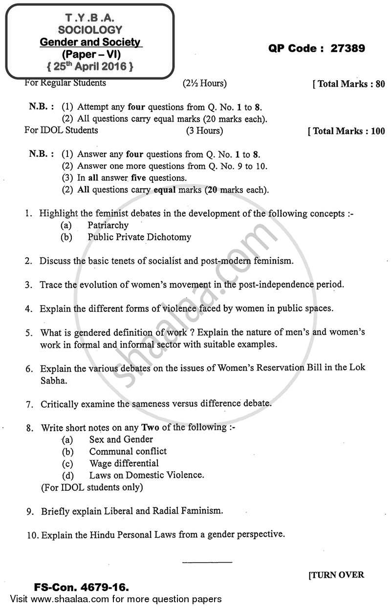 Gender and Society 2015-2016 - B.A. - 3rd Year (TYBA) - University of Mumbai question paper with PDF download