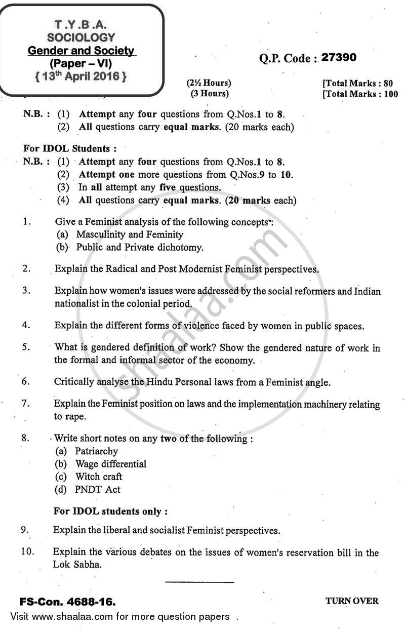 Gender and Society 2015-2016 - B.A. - 3rd Year (TYBA) - University of Mumbai question paper with PDF download