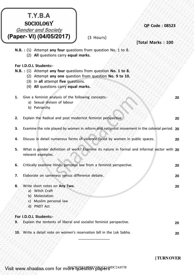 Gender and Society 2016-2017 - B.A. - 3rd Year (TYBA) - University of Mumbai question paper with PDF download