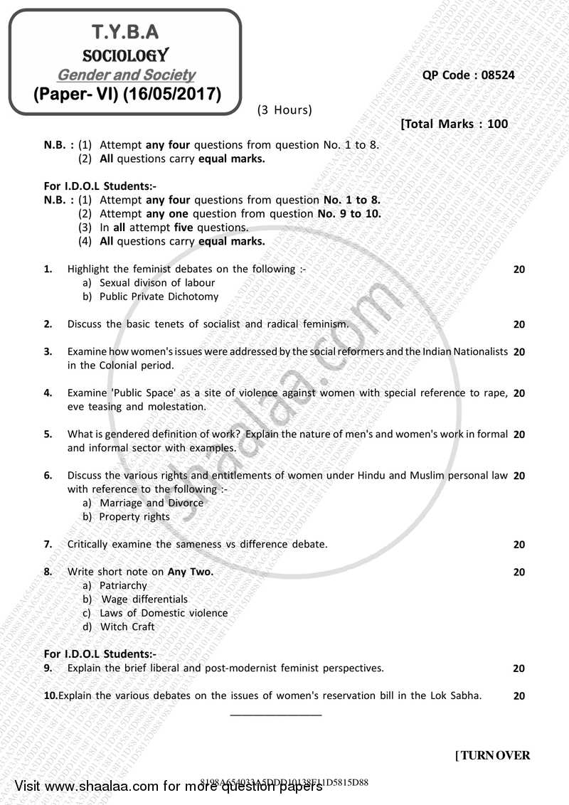 Gender and Society 2016-2017 - B.A. - 3rd Year (TYBA) - University of Mumbai question paper with PDF download