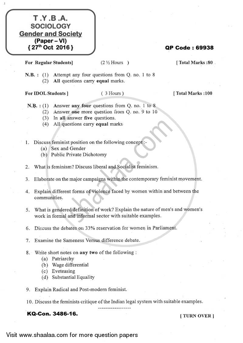 Gender and Society 2016-2017 - B.A. - 3rd Year (TYBA) - University of Mumbai question paper with PDF download