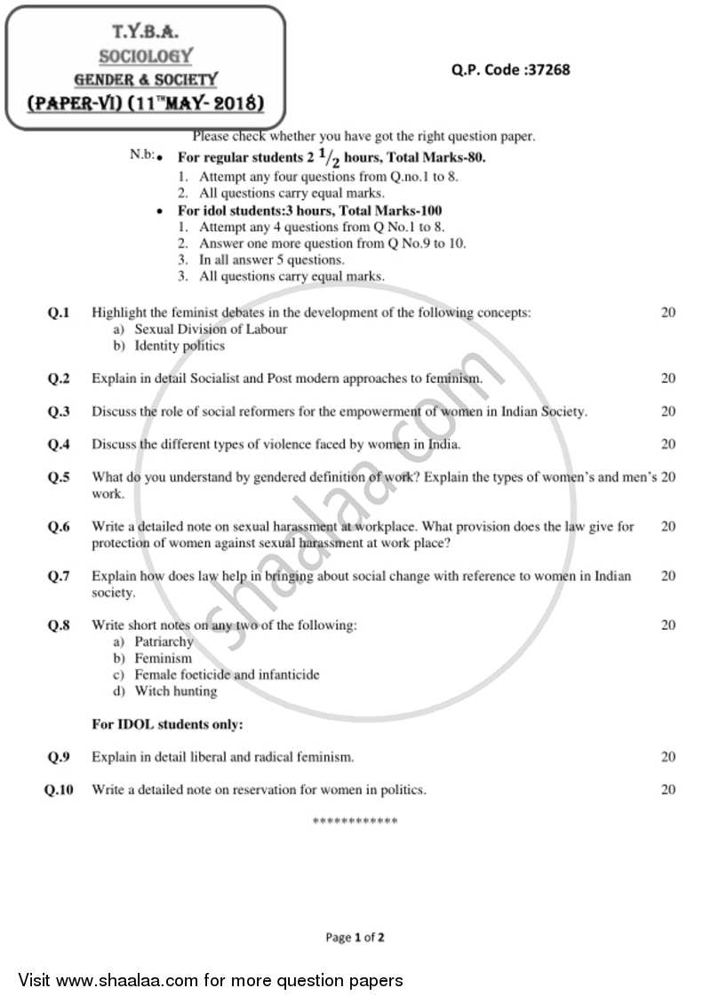 Gender and Society 2017-2018 - B.A. - 3rd Year (TYBA) - University of Mumbai question paper with PDF download