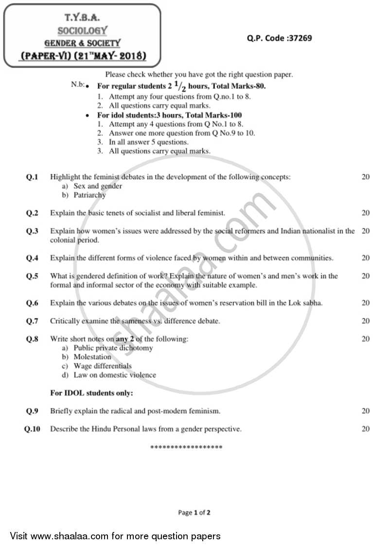 Gender and Society 2017-2018 - B.A. - 3rd Year (TYBA) - University of Mumbai question paper with PDF download