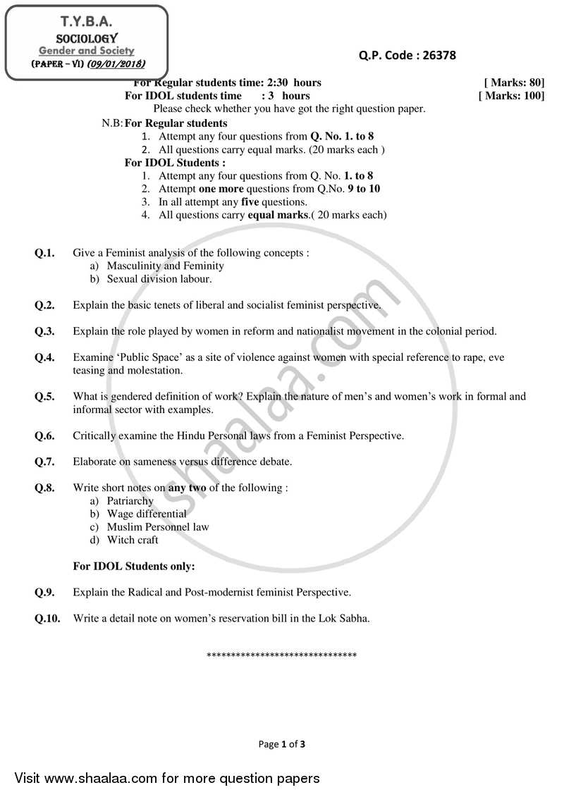 Gender and Society 2017-2018 - B.A. - 3rd Year (TYBA) - University of Mumbai question paper with PDF download