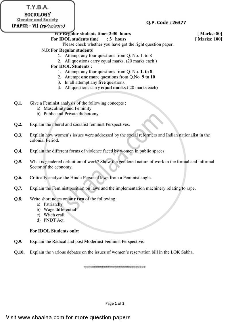 Gender and Society 2017-2018 - B.A. - 3rd Year (TYBA) - University of Mumbai question paper with PDF download
