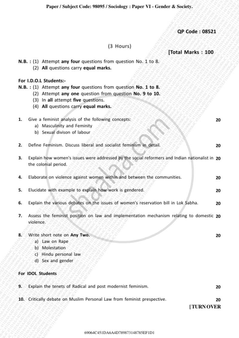 Gender and Society 2018-2019 - B.A. - 3rd Year (TYBA) - University of Mumbai question paper with PDF download