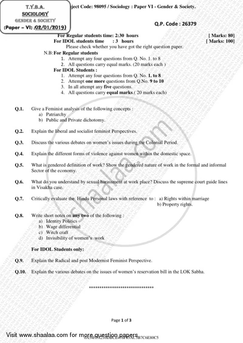 Gender and Society 2018-2019 - B.A. - 3rd Year (TYBA) - University of Mumbai question paper with PDF download