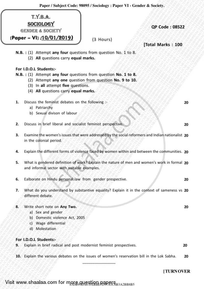 Gender and Society 2018-2019 - B.A. - 3rd Year (TYBA) - University of Mumbai question paper with PDF download