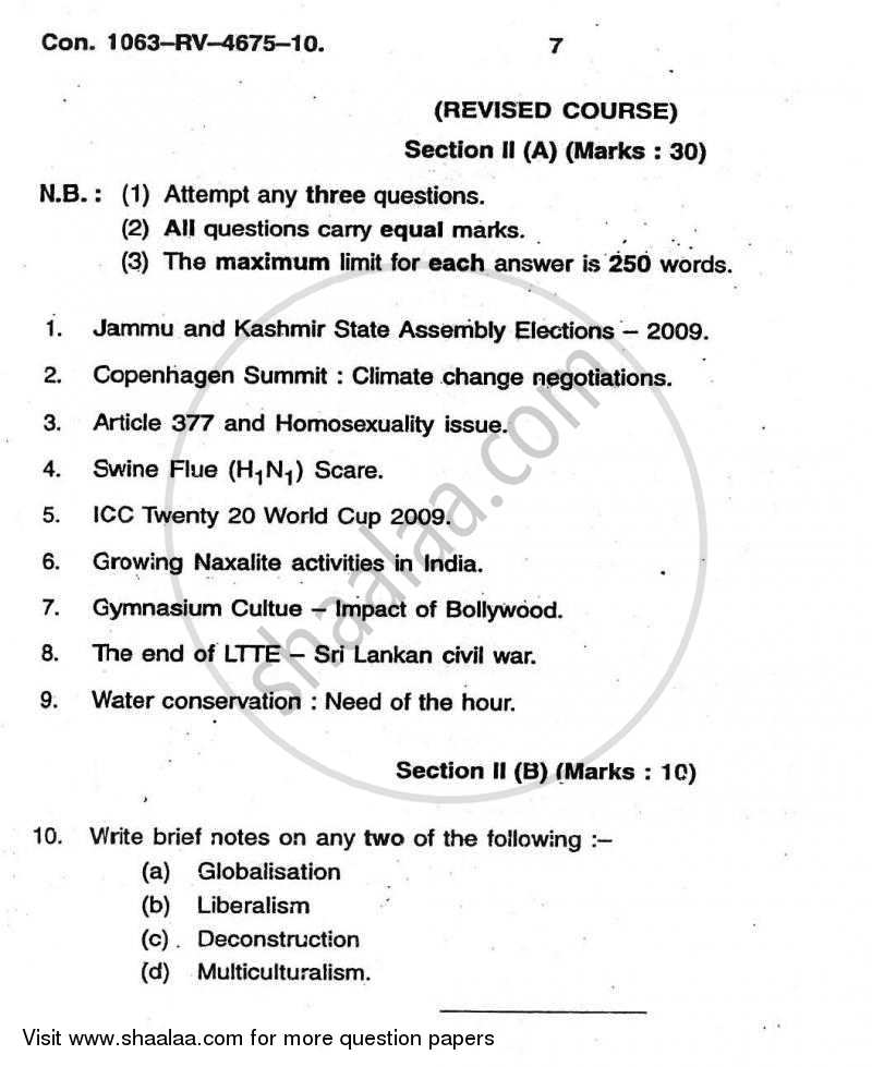 General Knowledge and Current Affairs 2009-2010 - B.A. - Semester 6 (TYBA) - University of Mumbai question paper with PDF download