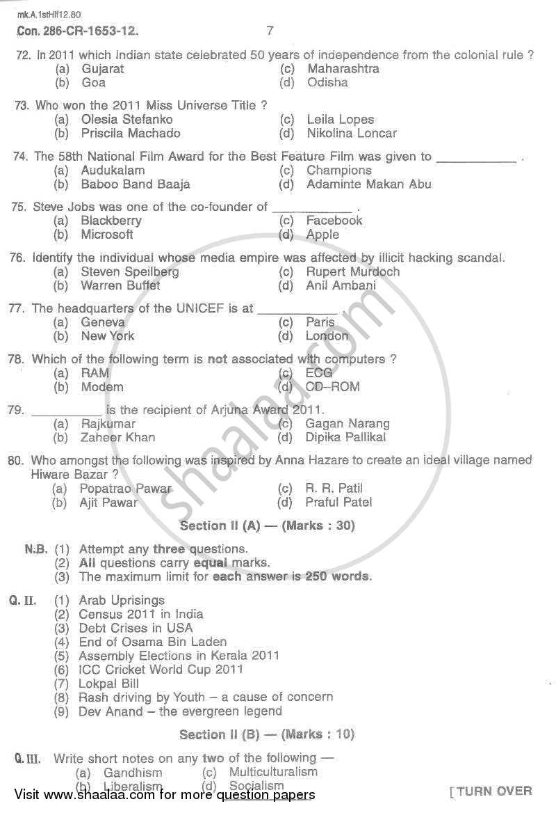 General Knowledge and Current Affairs 2011-2012 - B.A. - Semester 6 (TYBA) - University of Mumbai question paper with PDF download