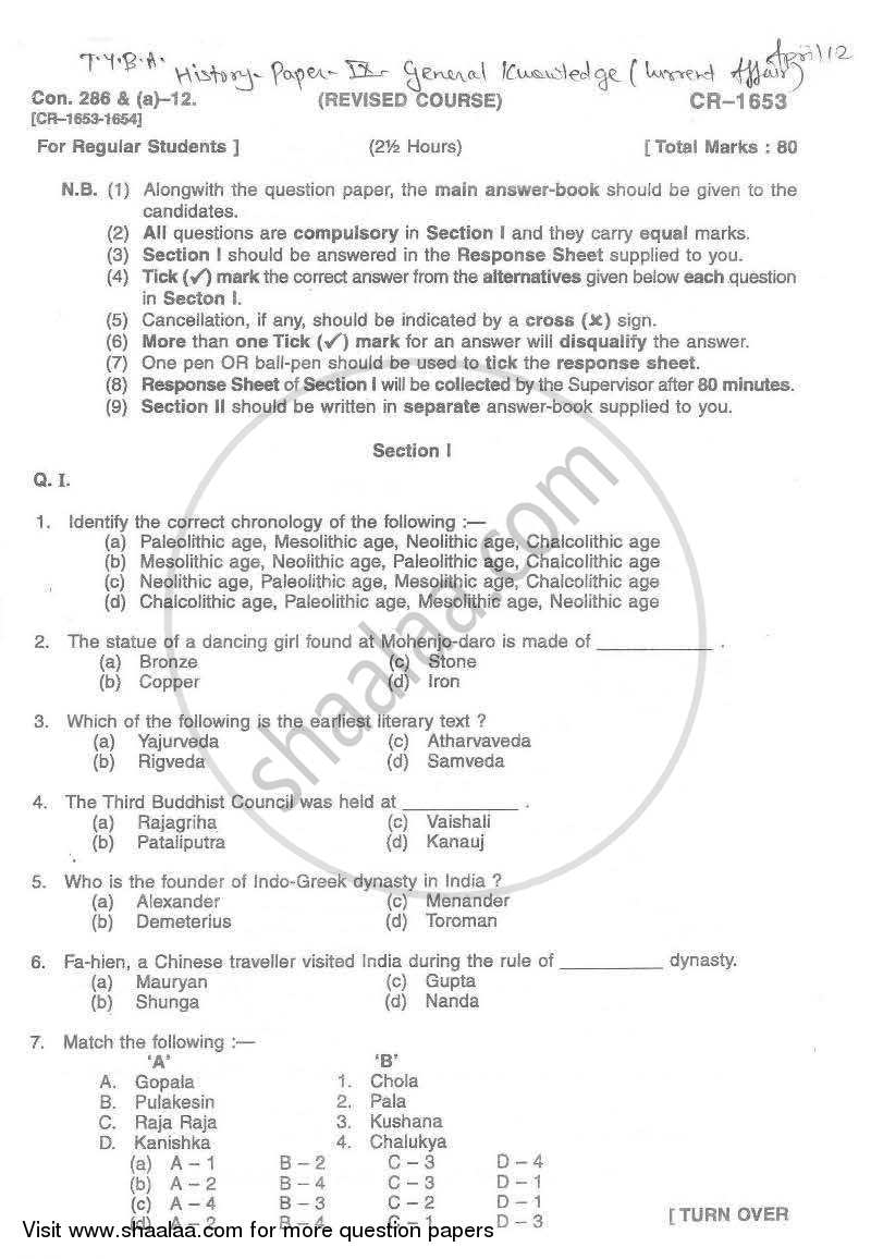 General Knowledge and Current Affairs 2011-2012 - B.A. - Semester 6 (TYBA) - University of Mumbai question paper with PDF download