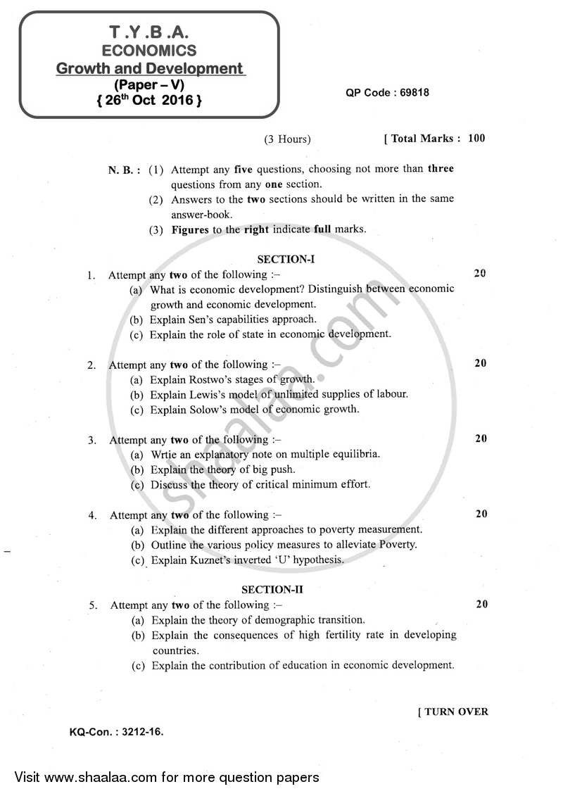 Growth and Development 2016-2017 - B.A. - 3rd Year (TYBA) - University of Mumbai question paper with PDF download