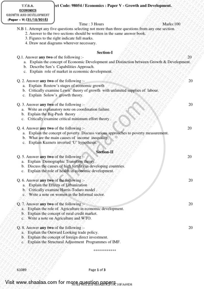 Growth and Development 2018-2019 - B.A. - 3rd Year (TYBA) - University of Mumbai question paper with PDF download