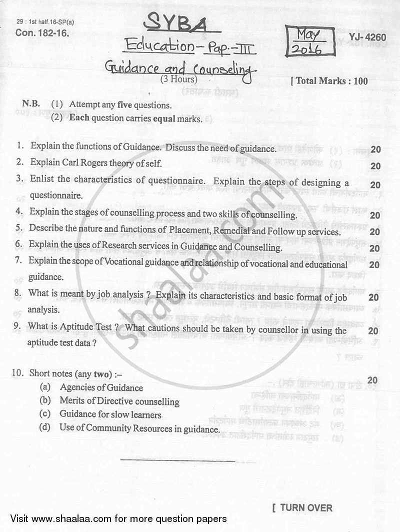 Guidance and Counselling 2015-2016 - B.A. - 2nd Year (SYBA) - University of Mumbai question paper with PDF download