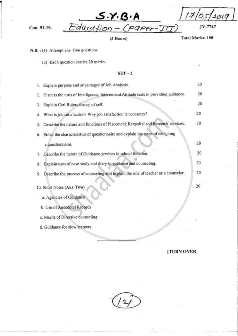 Guidance and Counselling 2018-2019 - B.A. - 2nd Year (SYBA) - University of Mumbai question paper with PDF download