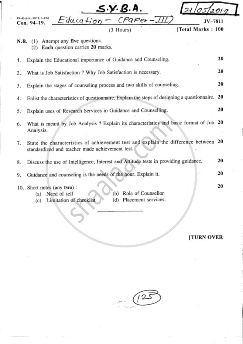 Guidance and Counselling 2018-2019 - B.A. - 2nd Year (SYBA) - University of Mumbai question paper with PDF download