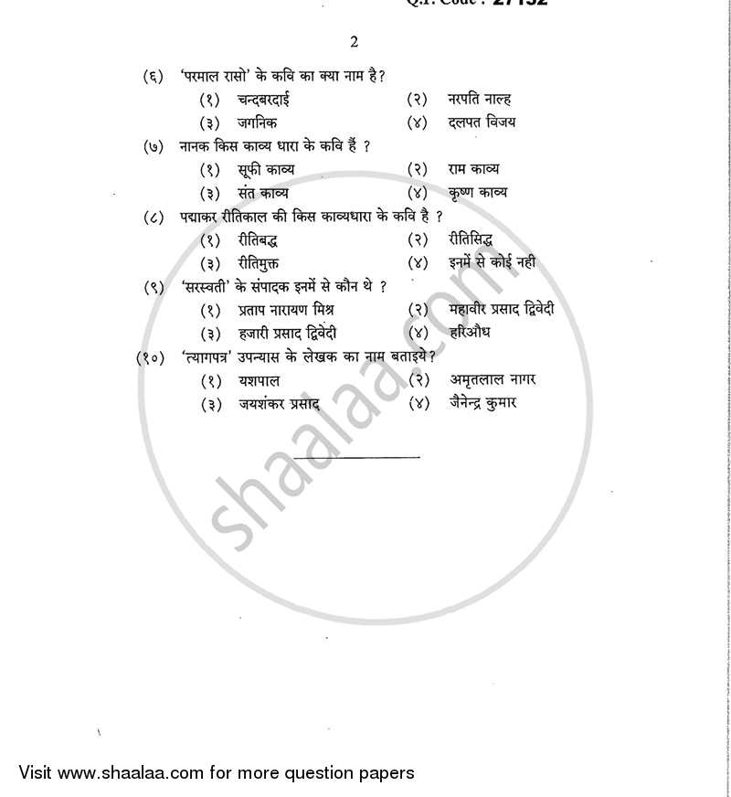 History of Hindi Literature (Hindi Sahitya Ka Itihas) 2015-2016 - B.A. - 3rd Year (TYBA) - University of Mumbai question paper with PDF download