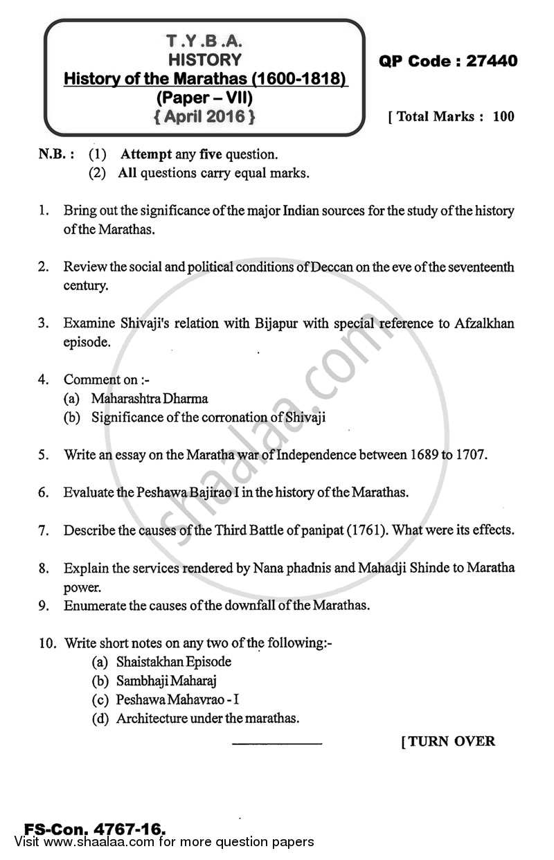 History of the Marathas (1600 ‐1818) 2015-2016 - B.A. - 3rd Year (TYBA) - University of Mumbai question paper with PDF download