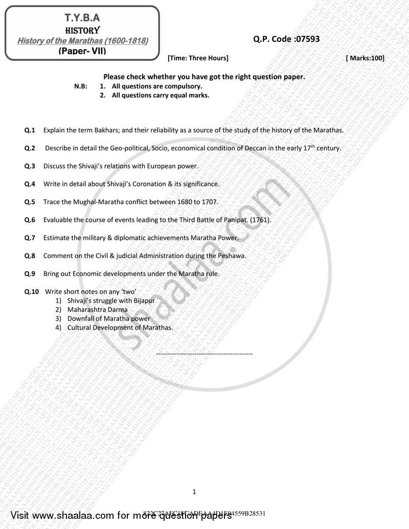 History of the Marathas (1600 ‐1818) 2016-2017 - B.A. - 3rd Year (TYBA) - University of Mumbai question paper with PDF download