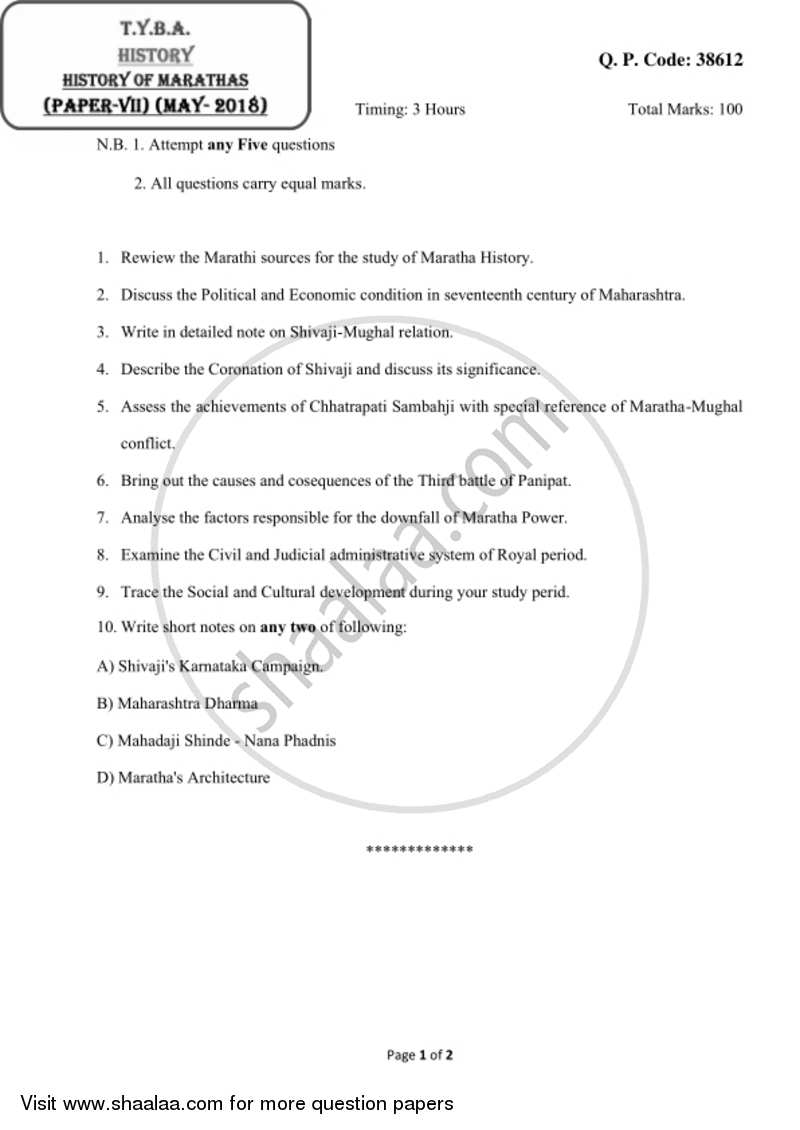History of the Marathas (1600 ‐1818) 2017-2018 - B.A. - 3rd Year (TYBA) - University of Mumbai question paper with PDF download