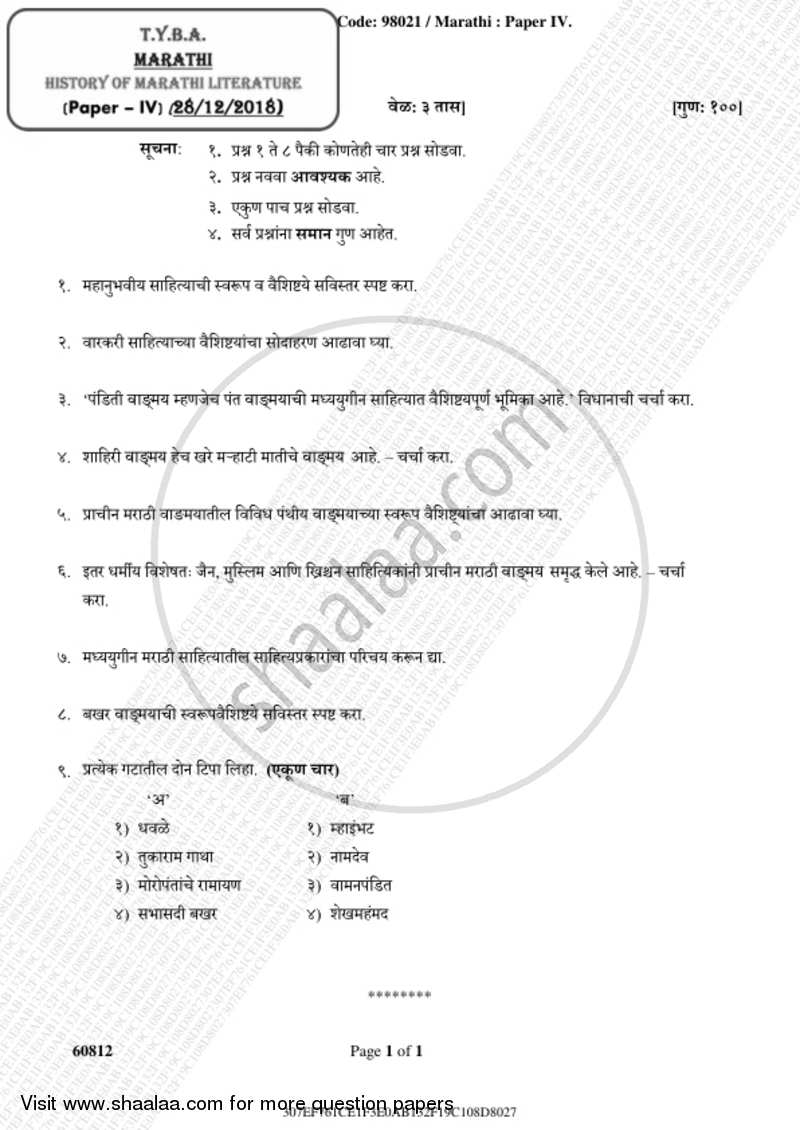History of Marathi Literature (Form Beginning to 1818) [Prachin Marathi Wangmayach Itihas (Prarambha Te 1818)] 2018-2019 - B.A. - 3rd Year (TYBA) - University of Mumbai question paper with PDF download