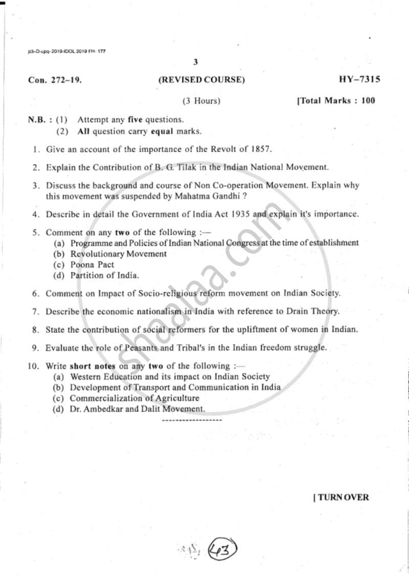 History of Modern India (1857 A.D. – 1964 A.D.) 2018-2019 - B.A. - 1st Year (FYBA) - University of Mumbai question paper with PDF download