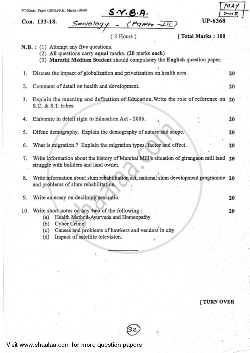 Human Development Index and Contemporary Issues in Indian Urban Society 2017-2018 - B.A. - 2nd Year (SYBA) - University of Mumbai question paper with PDF download