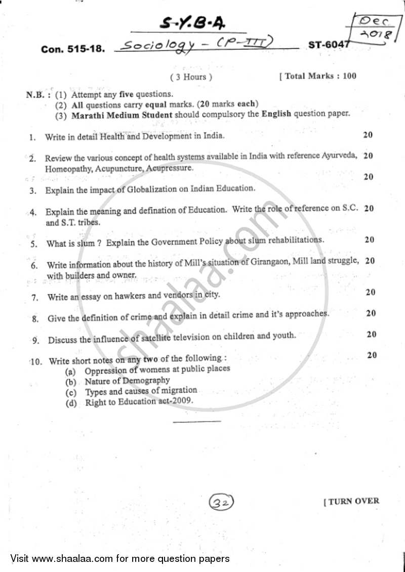 Human Development Index and Contemporary Issues in Indian Urban Society 2017-2018 - B.A. - 2nd Year (SYBA) - University of Mumbai question paper with PDF download
