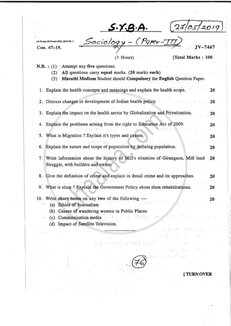Human Development Index and Contemporary Issues in Indian Urban Society 2018-2019 - B.A. - 2nd Year (SYBA) - University of Mumbai question paper with PDF download