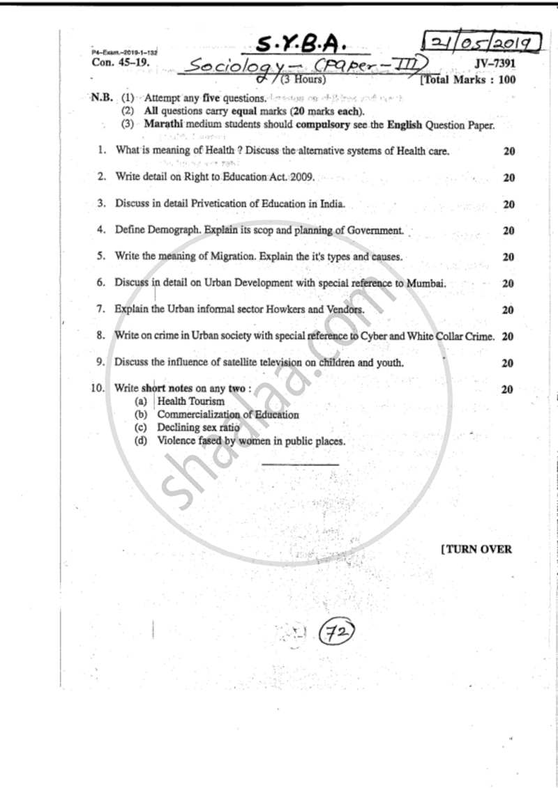 Human Development Index and Contemporary Issues in Indian Urban Society 2018-2019 - B.A. - 2nd Year (SYBA) - University of Mumbai question paper with PDF download