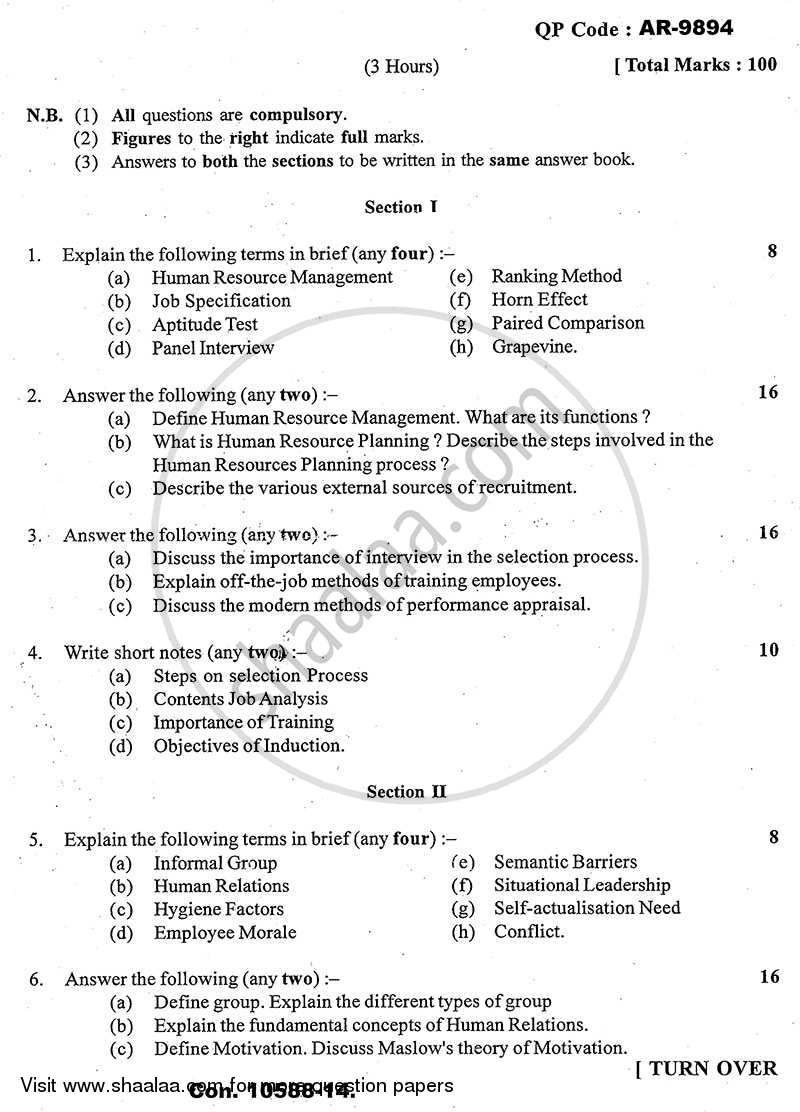 Human Resource Management 2013-2014 - B.A. - 3rd Year (TYBA) - University of Mumbai question paper with PDF download