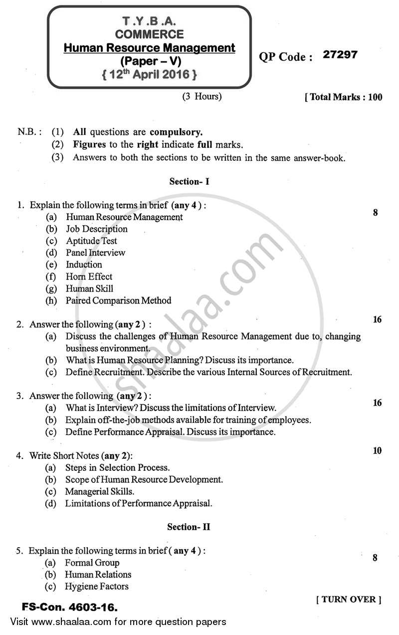 Human Resource Management 2015-2016 - B.A. - 3rd Year (TYBA) - University of Mumbai question paper with PDF download