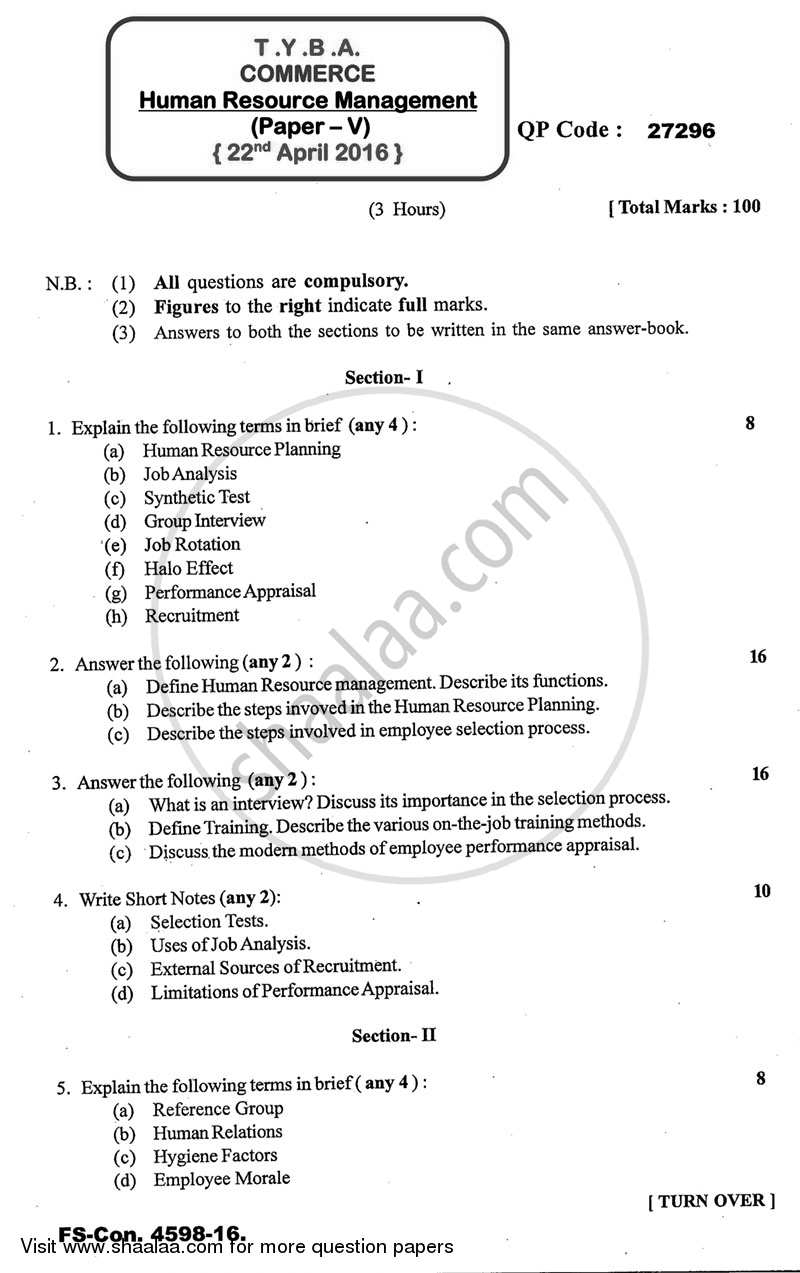 Human Resource Management 2015-2016 - B.A. - 3rd Year (TYBA) - University of Mumbai question paper with PDF download