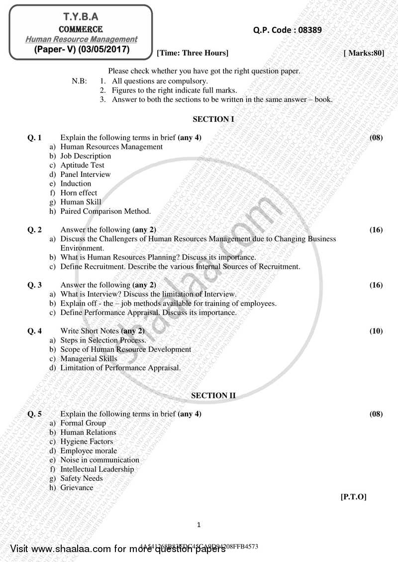 Human Resource Management 2016-2017 - B.A. - 3rd Year (TYBA) - University of Mumbai question paper with PDF download