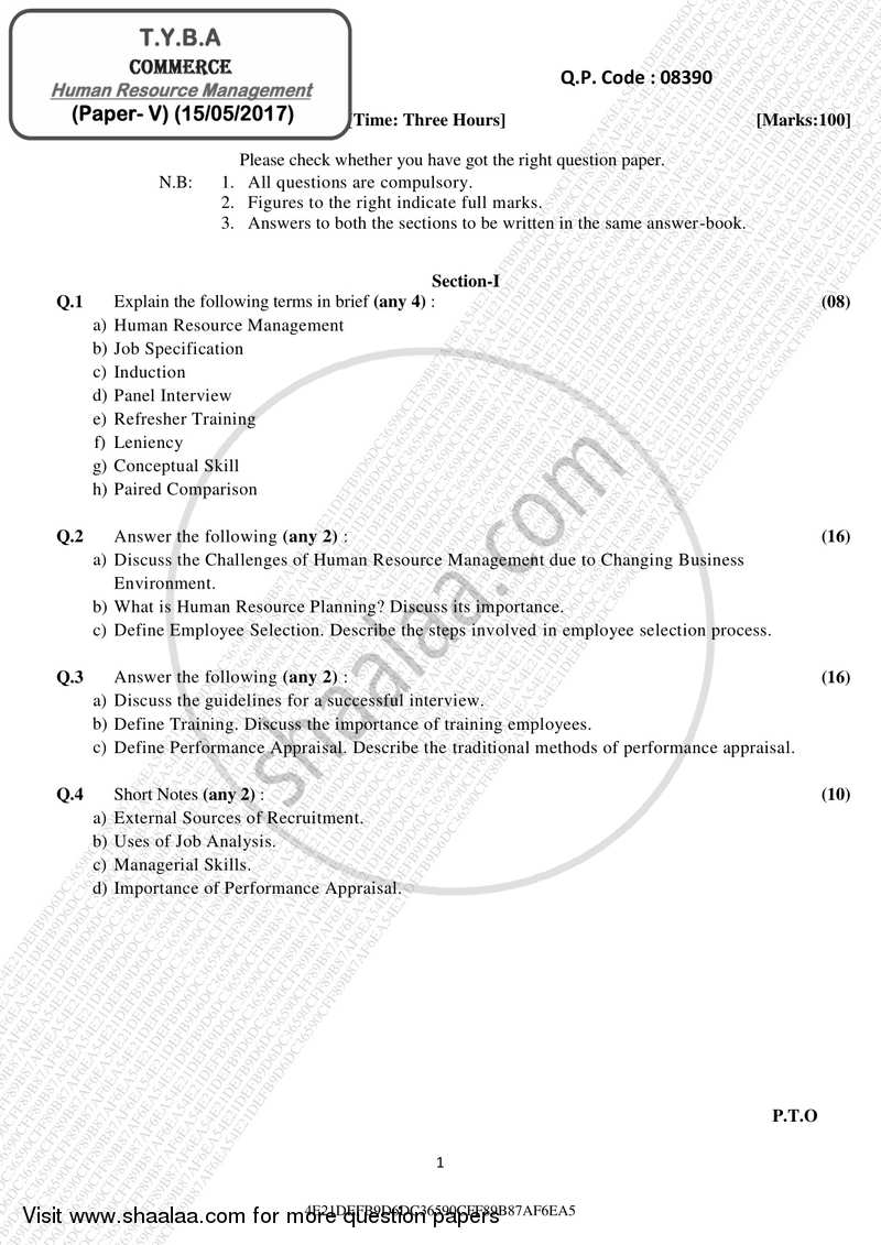 Human Resource Management 2016-2017 - B.A. - 3rd Year (TYBA) - University of Mumbai question paper with PDF download