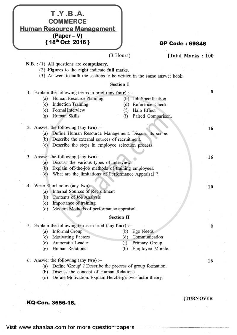 Human Resource Management 2016-2017 - B.A. - 3rd Year (TYBA) - University of Mumbai question paper with PDF download