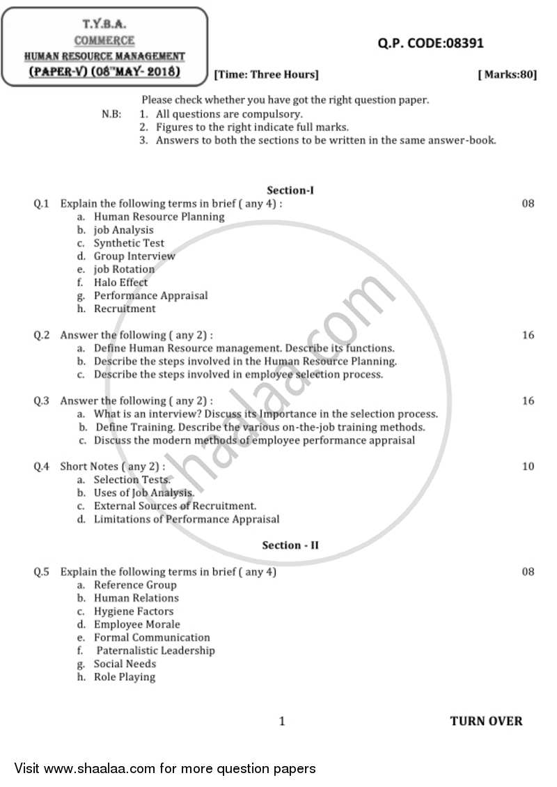 Human Resource Management 2017-2018 - B.A. - 3rd Year (TYBA) - University of Mumbai question paper with PDF download