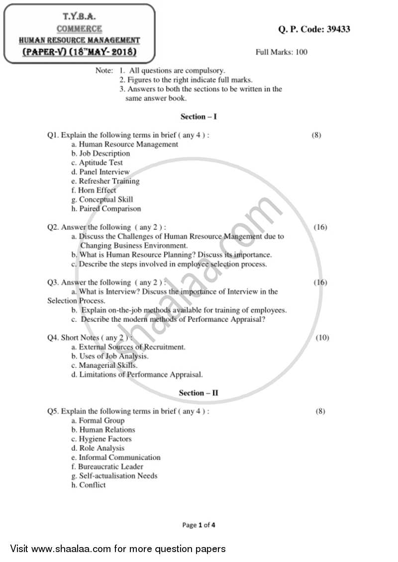 Human Resource Management 2017-2018 - B.A. - 3rd Year (TYBA) - University of Mumbai question paper with PDF download