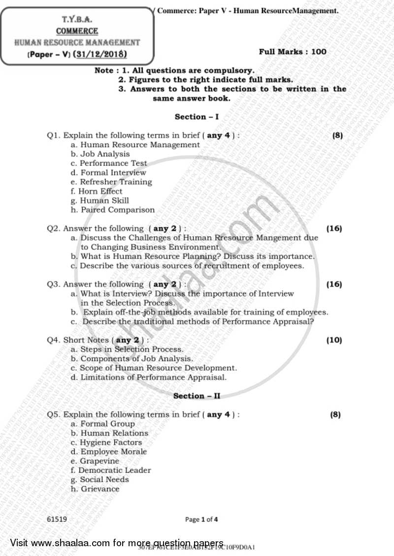 Human Resource Management 2018-2019 - B.A. - 3rd Year (TYBA) - University of Mumbai question paper with PDF download