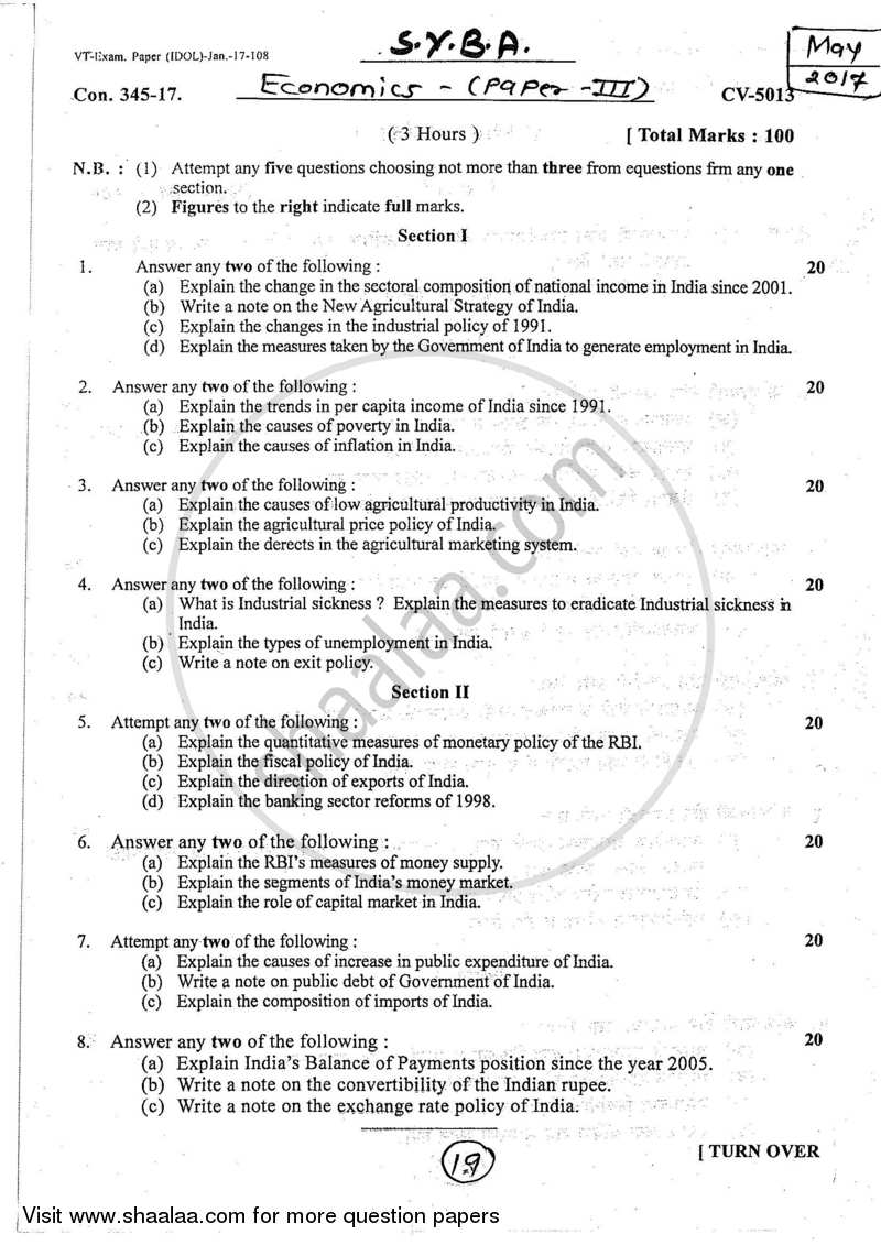 Indian Economics 2016-2017 - B.A. - 2nd Year (SYBA) - University of Mumbai question paper with PDF download