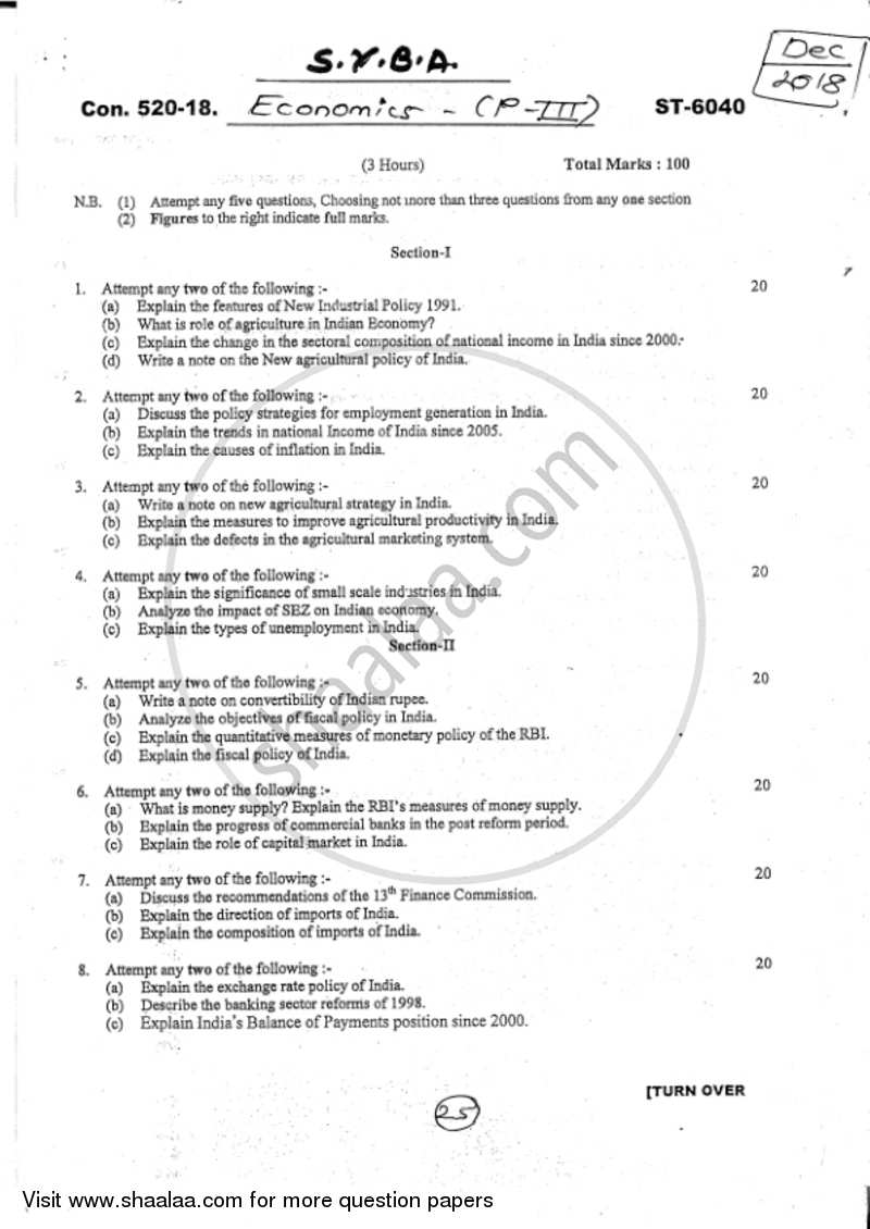 Indian Economics 2017-2018 - B.A. - 2nd Year (SYBA) - University of Mumbai question paper with PDF download