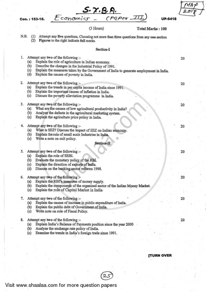 Indian Economics 2017-2018 - B.A. - 2nd Year (SYBA) - University of Mumbai question paper with PDF download