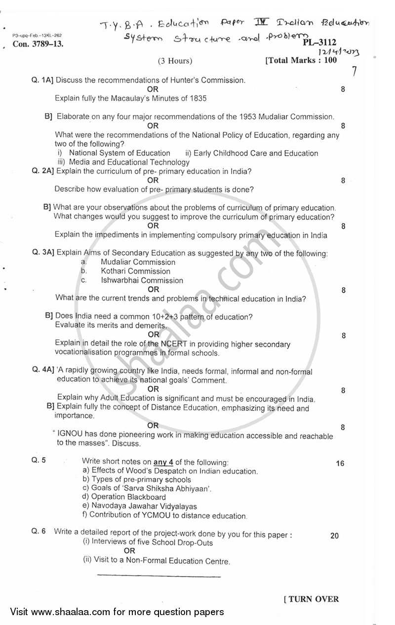 Indian Education System, Structure and Problem 2012-2013 - B.A. - 3rd Year (TYBA) - University of Mumbai question paper with PDF download