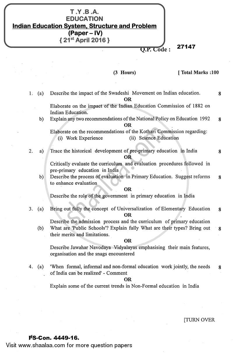 Indian Education System, Structure and Problem 2015-2016 - B.A. - 3rd Year (TYBA) - University of Mumbai question paper with PDF download