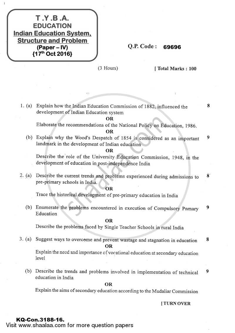 Indian Education System, Structure and Problem 2016-2017 - B.A. - 3rd Year (TYBA) - University of Mumbai question paper with PDF download