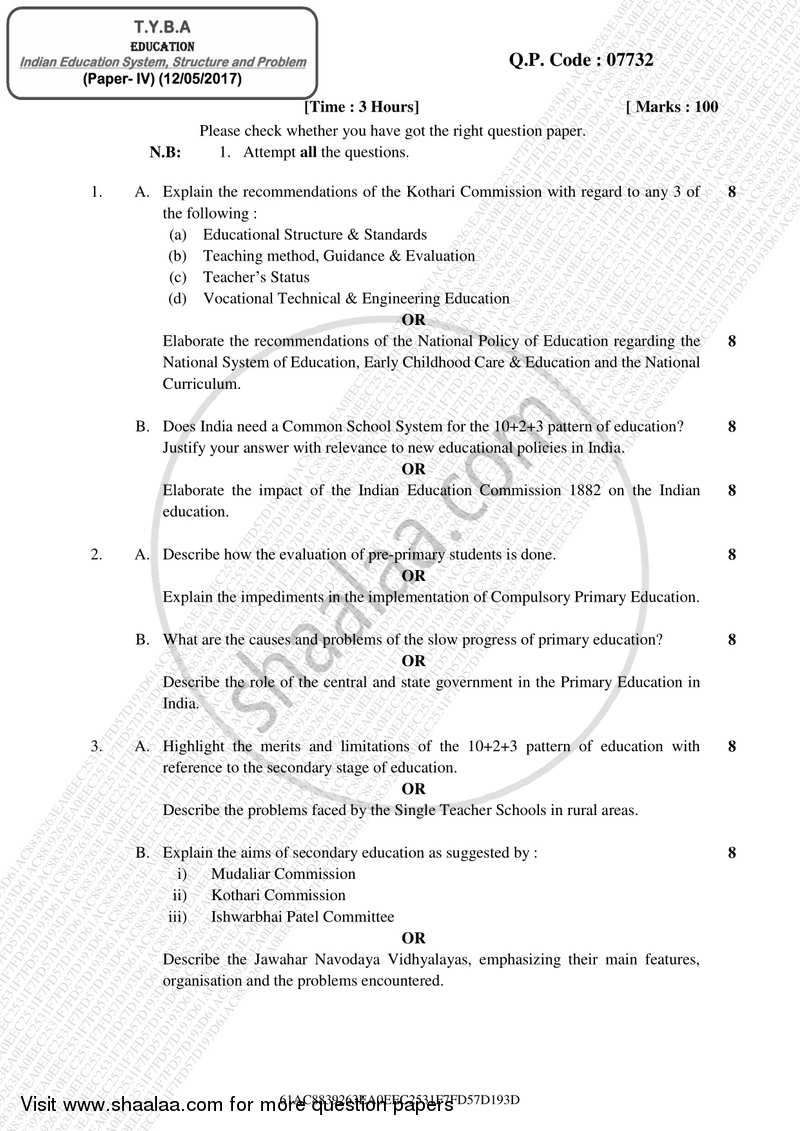 Indian Education System, Structure and Problem 2016-2017 - B.A. - 3rd Year (TYBA) - University of Mumbai question paper with PDF download